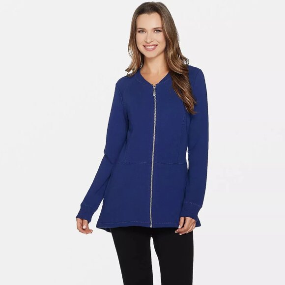 Denim & Company Size XXS Blue French Terry Zip Front Hi-Low Hem Knit Jacket - Picture 1 of 13